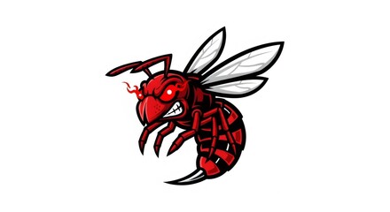 Angry Red and Black Striped Wasp with Glowing Red Eyes on White Background