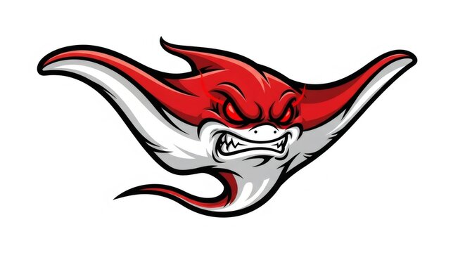 Aggressive Red Stingray Cartoon Mascot with Sharp Teeth and Glowing Red Eyes on White Background