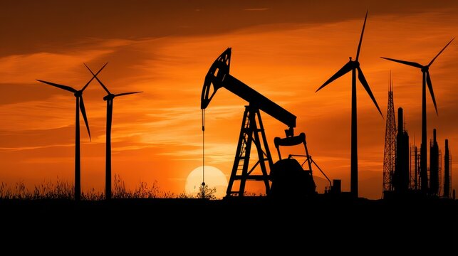 Silhouette of Oil Pumping Rig and Wind Turbines Against Vibrant Sunset Sky, Representing Energy Sources and Environmental Contrasts