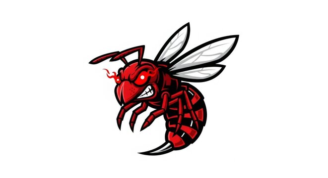 Angry Red and Black Striped Wasp with Glowing Red Eyes on White Background
