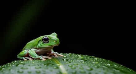 Obraz premium A vibrant green tree frog sits perfectly still on a dewy leaf, its large eyes reflecting the soft, natural light of its habitat ,natural habitat ,frog ,adaptation