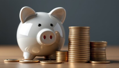 Hyperreal render of glossy piggy bank surrounded by stacked coins financial savings concept indoor setting close-up view