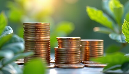 Stacks of gold coins amidst lush greenery economic wealth nature close-up hyperreal render of metallic shine