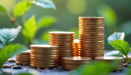 Stacks of gold coins amidst lush greenery hyperreal render business growth concept outdoor setting