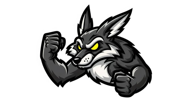 Cartoon Gray Wolf Mascot Ready to Fight with Fists Clenched on Isolated White Background