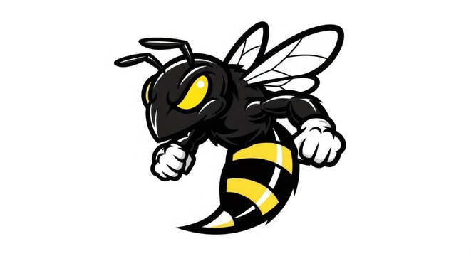 Cartoon Illustration of a Dynamic Black and Yellow Wasp on a Clean White Background Vector Image