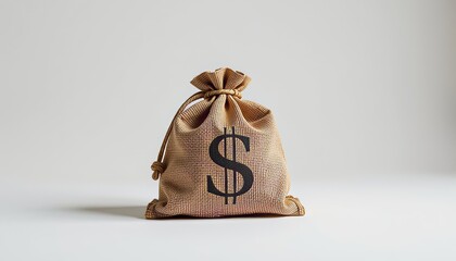 Minimalist product style shot of a dollar sign bag studio photography neutral background close-up wealth concept