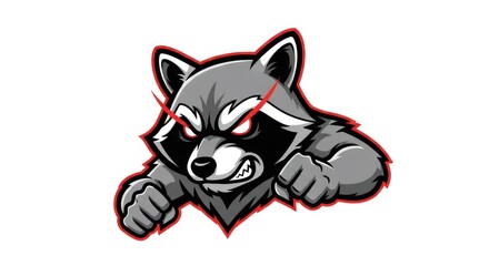 Cartoonish Gray Raccoon with Red Outline and Red Eyes on White Background. Vector Graphic Cartoon Image with Aggressive Stance. 