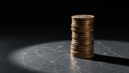 Moody singlespotlight portrait of stacked coins in shadows dramatic lighting close-up focused scene