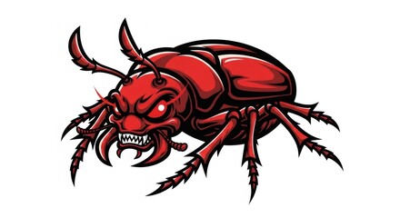 Cartoonish Red Beetle with Menacing Expression Detailed Illustration on White Background