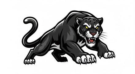 Crouching Black Panther Illustration with White Eyes and Sharp Claws Isolated on White Background Depicting Aggression and Wild Feline Power in Pixelated Style