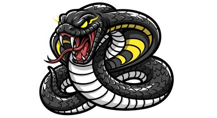 Coiled Black Snake with Open Mouth on White Background