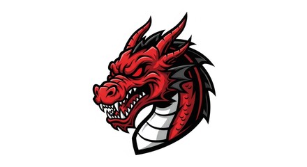 Detailed Headshot of Aggressive Red Dragon with Black Mane on White Background Pixelated Cartoon Illustration