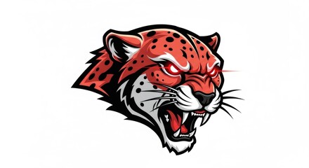 Digital Illustration of a Fierce Jaguar Head with Red and Black Spots on a White Background