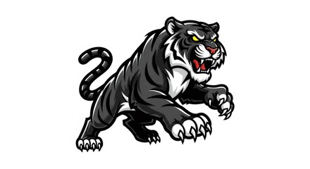 Digital Illustration of Fierce Black and Gray Tiger Leaping with Sharp Claws and Angry Expression on White Background