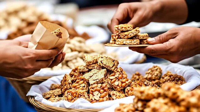 A close-up view of hands selecting a variety of traditional snacks at a marketplace, featuring sesame and peanut brittle, showcasing artisanal craftsmanship and vibrant colors in a communal setting