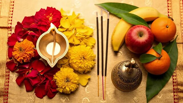 An Elegant Arrangement of Flowers, Fruits, and Incense for a Sacred Ceremony on a Textile Background Featuring Red, Yellow, and Green Elements