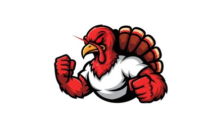 Illustration of an Aggressive Red Cartoon Turkey Mascot with Glowing Red Eyes and White Shirt Isolated on White Background with Clear Vector Detail