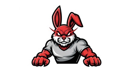 Illustration of an Angry Red Rabbit with Strong Muscular Arms Wearing a Grey Shirt Against a White Background