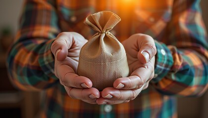 Gift of generosity hands offering a brown fabric bag indoor setting lifestyle image warm atmosphere close-up view