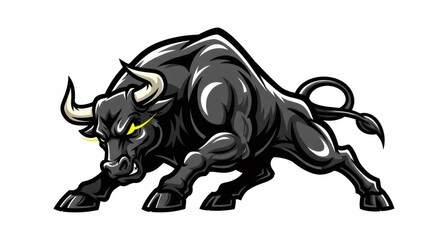 Illustration of Charging Black Bull with Yellow Eyes on White Background Depicting Power Strength Aggression and Determination in Graphic Style