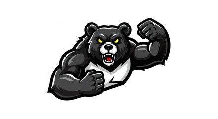 Illustration of Muscular Cartoon Bear Mascot with Glowing Yellow Eyes on White Background