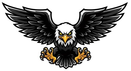 Majestic American Bald Eagle Mascot Cartoon with Spread Wings and Talons on White Background