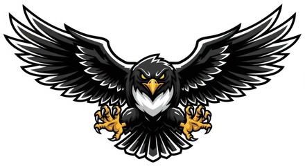 Majestic Black Eagle Spreading Wings with Yellow Talons on White Background Animal Representation