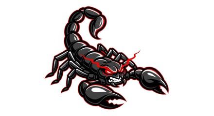 Menacing Black Scorpion with Red Eyes and Claws Isolated on White Background