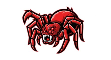 Menacing Red Spider with Multiple Eyes and Sharp Fangs Isolated on White Background