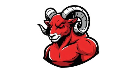 Red Cartoonish Illustration of Muscular Ram with Curled Horns on White Background
