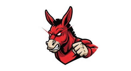 Red Donkey Mascot Head with Angry Expression and Glowing Red Eyes on White Background