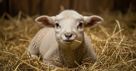 Obraz premium gentle baby lamb lies on bed of hay in stable, symbol of innocence in christmas nativity story. easter celebration. banner, website header, greeting card.