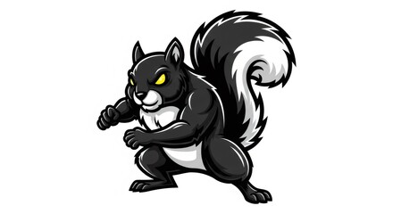 Stylized Black Squirrel with Angry Yellow Eyes and White Striped Tail on Clear White Background Detailed Cartoon Illustration