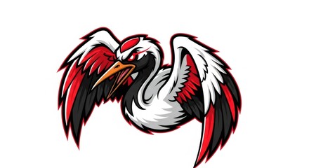 Stylized Crane Illustration with Red and Black Feathers Isolated on White Background