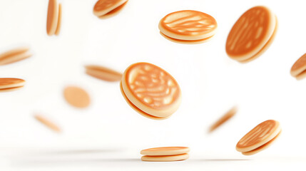 Delicious pancakes are floating in the air against a clean white background, showcasing their appetizing appearance.