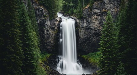 Powerful waterfall cascading down a rocky cliff. Lush green pine forest scenery. Long exposure creating a smooth water effect. Concept of natural power and tranquility
