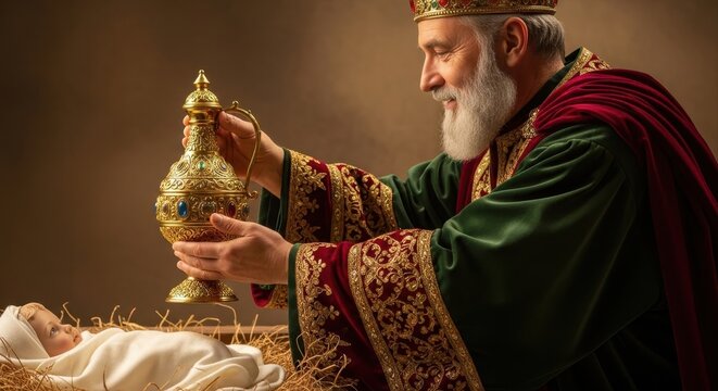 wise king, one of magi, offers golden gift to baby jesus in manger. christian nativity scene. christmas and epiphany celebration. greeting card, poster.