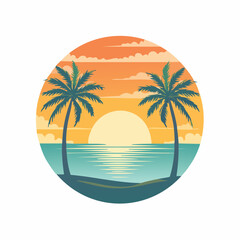 Tropical sunset serenity: A vibrant coastal scene with graceful palm trees silhouettes
