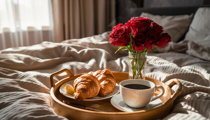 Romantic Breakfast in Bed with Fresh Coffee and Red Roses