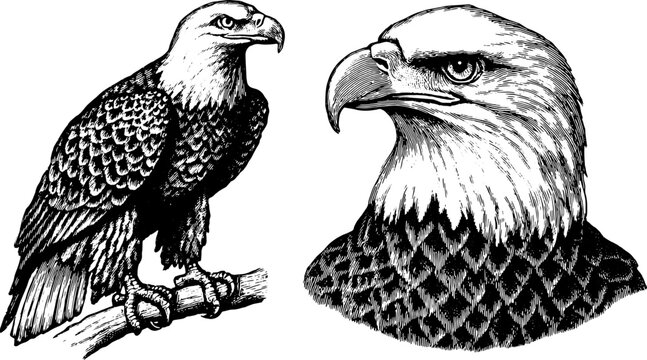 Eagle engravings in vintage style. Detailed black outline drawings in a classic vector illustration set showcasing bird profiles and features.