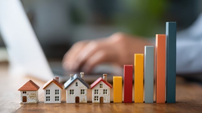 Miniature houses and bar chart representing real estate market trends, investment growth and financial analysis concepts with blurred office background
