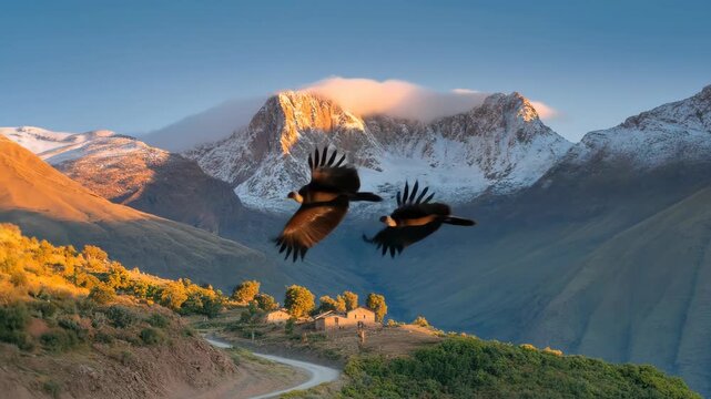 Andean Condors Soar Over Snow Capped Mountains At Golden Hour With Lush Green Valleys And Winding Dirt Road Below