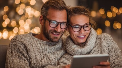 Cozy couple enjoying holiday shopping together, illuminated by f