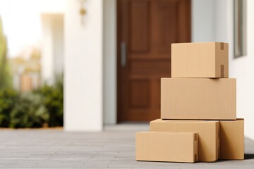 Stacks of delivery boxes at doorstep symbolize excitement of onl