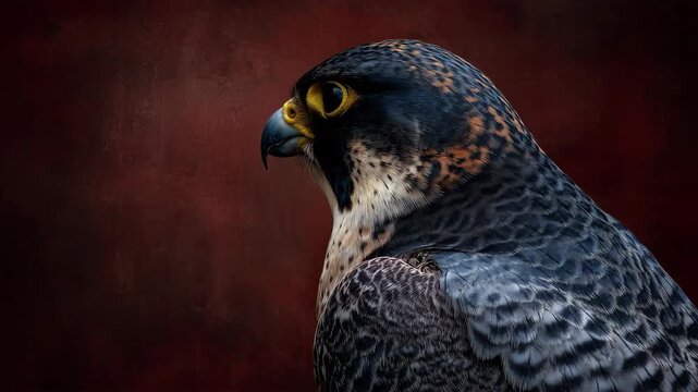 深紅の絵画的背景でハヤブサの頭部を三分割構図で精緻に撮影