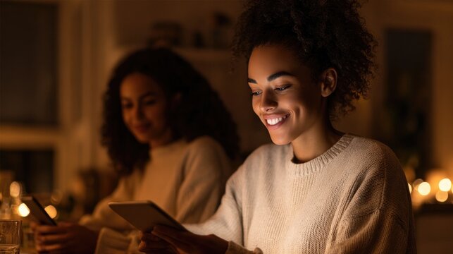 Two friends enjoy late-night shopping, illuminated by soft light