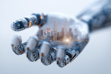 Close-up of a Futuristic Chrome Robot Hand Holding a Composite Image of a Blurry Illuminated City at Night