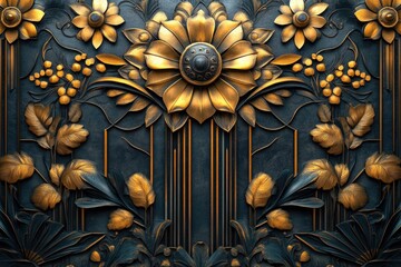 Intricate floral relief design with golden accents on deep blue