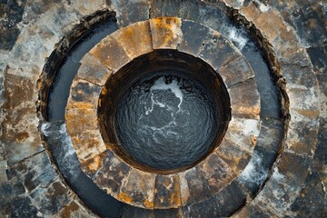 Fototapeta premium Circular structure showcasing layered stone design, water swirli